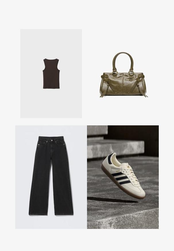 Mørkebrun ærmeløs tanktop med rund halsudskæring, lagt fladt med bagsiden vist på en ensfarvet lys baggrund.; Sorte højttaljede bredbenede jeans med knap- og lynlåslukning foran, bæltestropper og fem forlommer på en lys baggrund.; Hvid Adidas Samba sneaker med sorte striber og gummsål, svævende over teksturerede grå betonstrin.; Olivengrøn læderhåndtaske med to håndtag, to diagonale lynlåslommer med duske og små messing dekorative nitter.