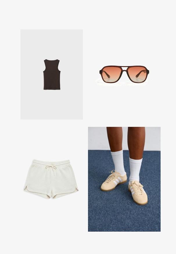Débardeur sans manches brun foncé avec un col rond, posé à plat montrant le dos sur un fond clair uni.; Shorts beige clair en tissu doux, dotés d'une ceinture élastique avec cordon de serrage, fentes latérales et détails subtils de couture.; Personne portant des baskets Adidas beiges avec des rayures blanches et des chaussettes blanches, se tenant sur un sol en moquette bleue.; Lunettes de soleil marron avec une monture rectangulaire et des verres dégradés orange. La monture a une finition mate, avec un détail de découpe central.