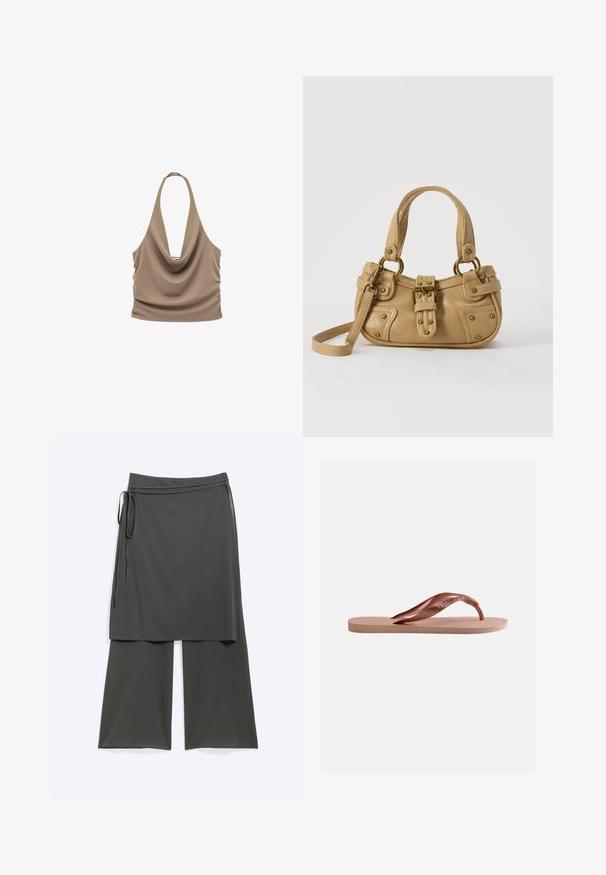 Top sin mangas color beige con cuello halter drapeado y costados fruncidos, diseñado para un ajuste ceñido y un estilo elegante.; Pantalones anchos de pierna en gris oscuro con una capa de falda envolvente adjunta atada a la cintura en el lado izquierdo, mostrados sobre un fondo blanco.; Chancla de goma rosa única con plantilla texturizada y correa ancha en forma de Y sobre fondo blanco liso.; Bolso de cuero beige con doble asa, hebilla y remaches de latón, y una correa de hombro ajustable sobre un fondo blanco.
