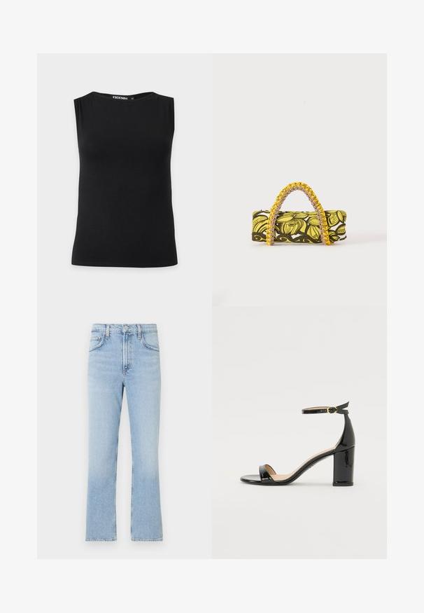 Haut noir sans manches pour femmes avec encolure bateau, confectionné en tissu lisse, présenté sur un fond uni.; Jean en denim bleu clair avec une coupe droite, taille haute et décoloration subtile. Il présente un style classique à cinq poches et une fermeture éclair.; Sandale à talon haut en cuir verni noir avec bride à la cheville et boucle dorée, bout ouvert et talon bloc sur fond blanc.; Sac rectangulaire avec motif floral jaune et noir et anse tressée jaune et rose sur fond blanc.
