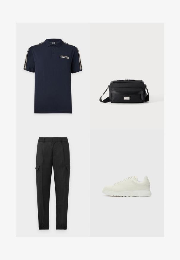 Polo de manga corta de color azul oscuro con cuello abotonado y tiras de la marca EA7 Emporio Armani en los hombros y parche con el logo en el pecho.; Pantalones cargo negros con una cintura elástica, pierna ajustada, bolsillos laterales y un solo bolsillo cargo en el muslo izquierdo. Textura suave.; Zapatilla blanca de cuero con parte superior texturizada, punta redondeada, suela blanca plana y cordones tonales. Marca sutil en la lengüeta.; Bolso bandolera rectangular negro con bolsillo frontal con cremallera, correa ajustable y placa de logo rectangular plateada sobre fondo liso.