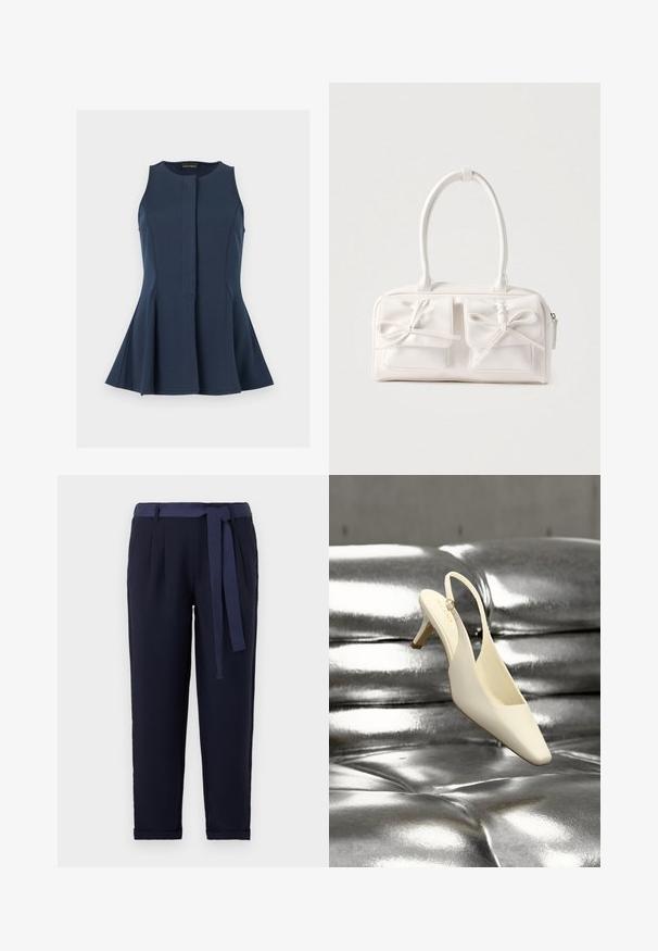 Ærmeløs peplum-top i marineblå med rund halsudskæring og skjult frontknaplukning, vist på en lys grå baggrund.; Sorte bukser lavet af blødt stof, med en bred talje med bælte, plisseret front og op rullede manchetter, hvilket giver et skræddersyet udseende.; Kremfarvet slingback kitten heel sko med firkantet tå hviler på en skinnende sølv tuftet læderoverflade.; Hvid syntetisk håndtaske med to forlommer, hver med en bundet sløjfedetalje. Glat tekstur, afrundede håndtag og lynlås lukning.