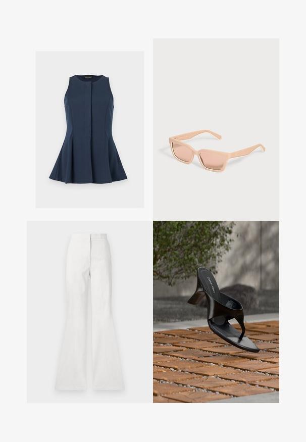 Top azul marino sin mangas con peplum, escote redondo y tapeta frontal oculta, exhibido sobre un fondo gris claro.; Pantalones acampanados blancos hechos de tejido ligero, con una textura suave, detalle de costura frontal y una cinturilla ajustada.; Sandalia negra de tacón tipo tanga de Calvin Klein flotando sobre una superficie exterior de azulejos, con vegetación y una pared de hormigón al fondo.; Gafas de sol rectangulares color melocotón claro con montura gruesa y lentes tintadas a juego sobre un fondo claro y liso.