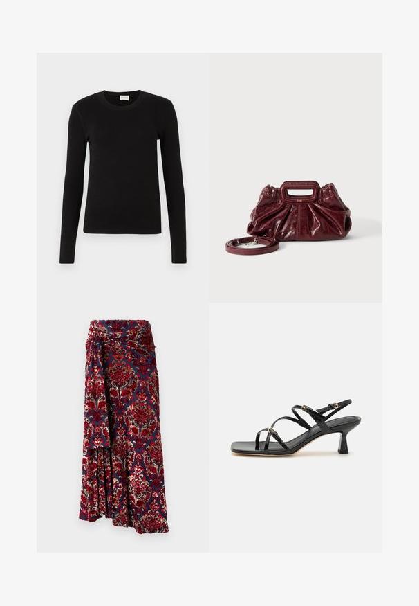Camiseta negra de manga larga hecha de una tela suave y lisa. Presenta un escote redondo y una forma ajustada, sin patrones ni acentos visibles.; Rabanne Falda larga - tapestry/navy/burgundy/red/cream; Sandalias de charol negro con tiras, punta cuadrada y un bajo tacón en bloque. Presenta herrajes en tono dorado y correas en el tobillo ajustables.; Pequeño bolso de mano de cuero rojo oscuro con textura fruncida, asa rectangular con recorte para la mano y correa de hombro desmontable sobre fondo blanco.