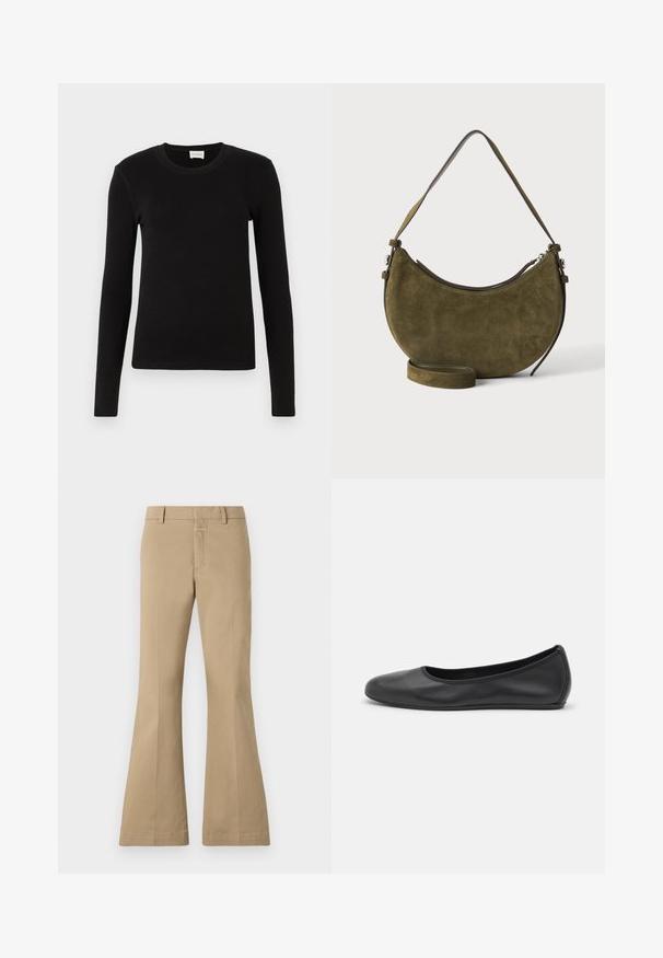 T-shirt noir à manches longues en tissu doux et lisse. Présente un col rond et une coupe ajustée, sans motifs ni accents visibles.; CLOSED FELISE - Pantalon classique - urban beige; Ballerines en cuir noir avec un bout rond, texture lisse, détails de couture minimalistes et design de semelle flexible.; Sac à main en daim vert olive en forme de croissant avec une courte bandoulière et une sangle longue réglable supplémentaire, fermeture éclair sur le dessus.