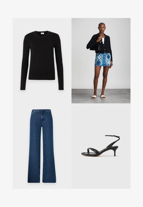 Schwarzes langärmeliges T-Shirt aus weichem, glattem Stoff. Mit rundem Halsausschnitt und taillierter Form, ohne sichtbare Muster oder Akzente.; Blaue Denim-Bootcut-Jeans mit hoher Taille, fünf Taschen-Design und Metallknopfverschluss. Glatte Textur, lässiger Stil und minimale Nähte.; Schwarze Ledersandale für Damen mit dünnen Riemchen, einer Zehenlasche, einer Knöchelschnalle und einem mittelhohen Stöckelabsatz vor neutralem Hintergrund.; Schwarze Strickjacke, weißes Oberteil, Jeansrock mit blauem und schwarzem Diamantenmuster, schwarze Handtasche und beige Rutschsandalen.