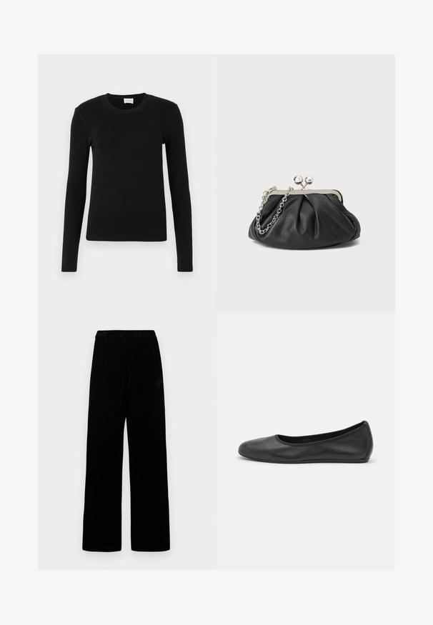 T-shirt noir à manches longues en tissu doux et lisse. Présente un col rond et une coupe ajustée, sans motifs ni accents visibles.; Pantalons larges noirs avec taille élastique et tissu doux en velours, affichés sur un fond clair uni.; Ballerines en cuir noir avec un bout rond, texture lisse, détails de couture minimalistes et design de semelle flexible.; Porte-monnaie en cuir noir avec texture froncée, cadre en métal argenté, fermeture à verrouillage kiss-lock et bandoulière en chaîne. Surface lisse et douce.