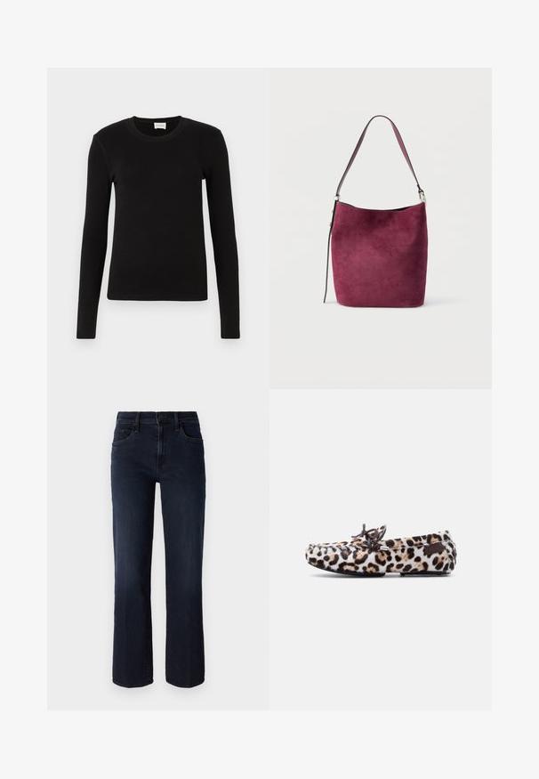 Zwarte lange mouwen T-shirt gemaakt van zachte, gladde stof. Heeft een ronde halslijn en een aansluitende vorm, zonder zichtbare patronen of accenten.; Mother THE MID RISE RAMBLER - Straight leg jeans - dunkelblau; Zachte mocassin pantoffel met bovenwerk van luipaardprintbont en een strik van bruin leer bovenop, platte zool met textuur voor grip.; Bordeauxrood suède handtasje met een enkele donkere leren band, emmervorm en minimale hardware, met een gladde, zachte textuur.