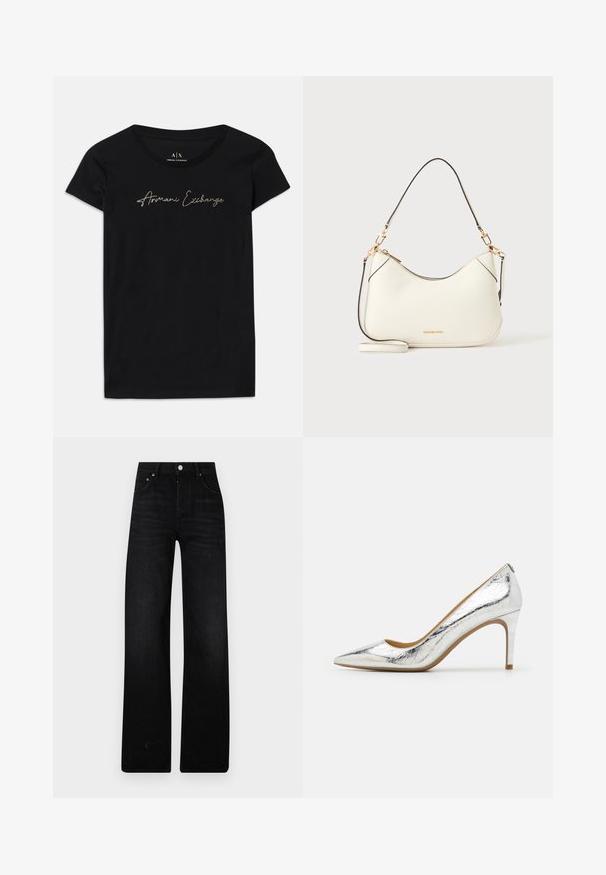 Mustat lyhyet hihaset T-paidat, jotka on valmistettu puuvillasta ja joissa on kultaisilla yksityiskohdilla varustettu "Armani Exchange" -logoteksti rinnan kohdalla.; Mustat leveät farkut denimistä. Ominaisuuksina korkea vyötärö, kaksi etutaskua ja metallinen napitus. Rakeinen pinta, jossa on minimaalista haalistumista.; Hopeakylkinen teräväkärkinen korkokenkä, jossa on sileä pinta, 4 tuuman korko ja hienovarainen ryppykuvio pinta-ala.; Valkoinen nahkainen olkalaukku, jossa on kullanväriset metalliosat, mustat reunukset ja irrotettava hihna. Michael Kors -logo kultaisena alareunan keskellä.