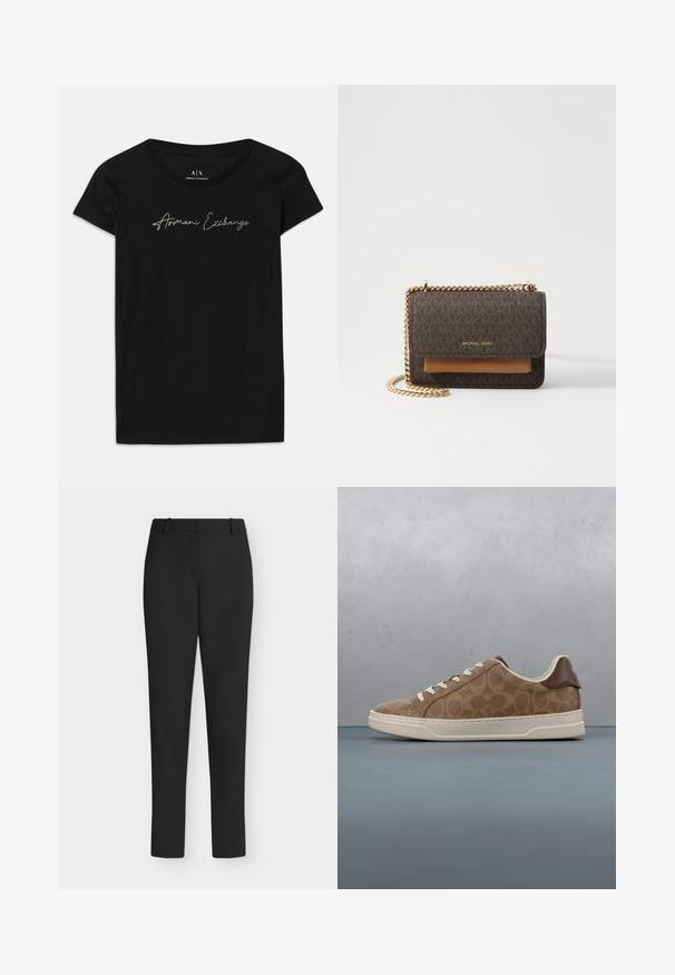 Schwarzes kurzärmliges T-Shirt aus Baumwolle mit einem Schriftzug-Logo "Armani Exchange" in goldenen Verzierungen über der Brust.; Schwarze Slim-Fit-Hose mit Gürtelschlaufen, Frontreißverschluss und geraden Beinen, vor weißem Hintergrund präsentiert.; Brauner Sneaker mit Muster und weißen Schnürsenkeln, der über einem Holzblock und kieselsteinigem Boden schwebt, mit grünem Laub und einer Betonwand im Hintergrund.; Braune, gemusterte Handtasche mit goldener Kettenriemen und braunem Lederakzent. Verfügt über einen magnetischen Klappenverschluss. Hersteller: Michael Kors.