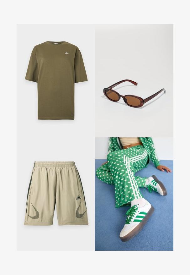 Oliiviroheline lühikeste varrukatega T-särk ümara kaelusega ja väikese valge Adidas trefoil logoga vasakul rinnal.; Heledast beežid sportlikud lühikesed püksid, mis on valmistatud kergest kangast, tumesiniste küljeribadega, elastse vöökohaga ja logomärkidega.; Roheline mustriga sportlik komplekt valgete lillemotiivide ja valgete triipudega, mille juurde kuuluvad valged spordijalatsid roheliste triipude ja sädeleva paelaga.; Ümar, pruunikased päikeseprillid läikiva burgundia raami ja peente kaubamärgi detailidega. Peened sangad ja lame läätsedesain.