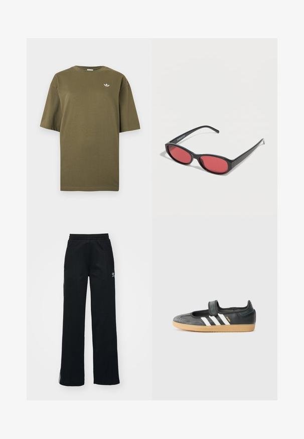 Krátke tričko olivovo zelenej farby s okrúhlym výstrihom a malým bielym logom Adidas trefoil na ľavej strane hrudníka.; Čierne športové nohavice so voľným strihom, s viazaním v páse, bočnými zipsovými vreckami a diskrétnym bielym logom na ľavej nohe.; Čierne kožené a zamšové tenisky s Velcro pásikom, s tromi bielymi pruhmi a gumenou podrážkou, označené nápisom "SAMBA" na boku.; Čierne oválne slnečné okuliare s tenkými ramenami a červenými tónovanými šošovkami ležia na bielom povrchu.