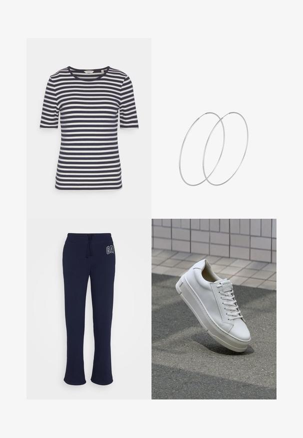Marineblå og hvid stribet T-shirt, korte ærmer, rund halsudskæring, blødt bomuldsstof, med jævnt fordelte striber og en afslappet pasform.; Mørkeblå sweatpants med snoretræk i taljen, prydet med et hvidt broderet logo til venstre, lavet af blødt bomuldsstof.; Hvide lædersneakers med lavt design, flade snører, rund tå og strukturerede sider. Tyk gummisål med diskrete detaljer.; Sølvøreringe med et minimalistisk design. Cirkulær form, glat tekstur og tynd profil. Letvægtige med en poleret overflade.