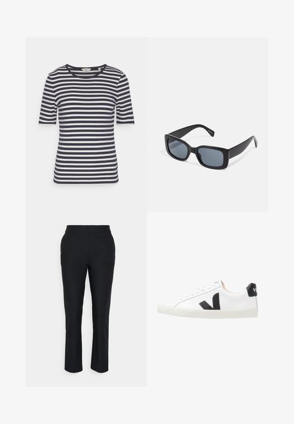 Camiseta de rayas en azul marino y blanco, de manga corta, con escote redondeado, fabricada en material de algodón suave, que presenta rayas uniformes y un corte relajado.; Pantalones negros ajustados con pierna recta, hechos de una tela suave. Presentan una cinturilla sin cierres visibles ni bolsillos.; Zapatilla blanca con un logo en V negro, con una parte superior de cuero liso, puntera redonda, cierre de cordones y una lengüeta en el talón de color negro en contraste.; Gafas de sol rectangulares negras con lentes oscuros, montura de plástico grueso y patillas anchas. Superficie lisa y diseño anguloso.