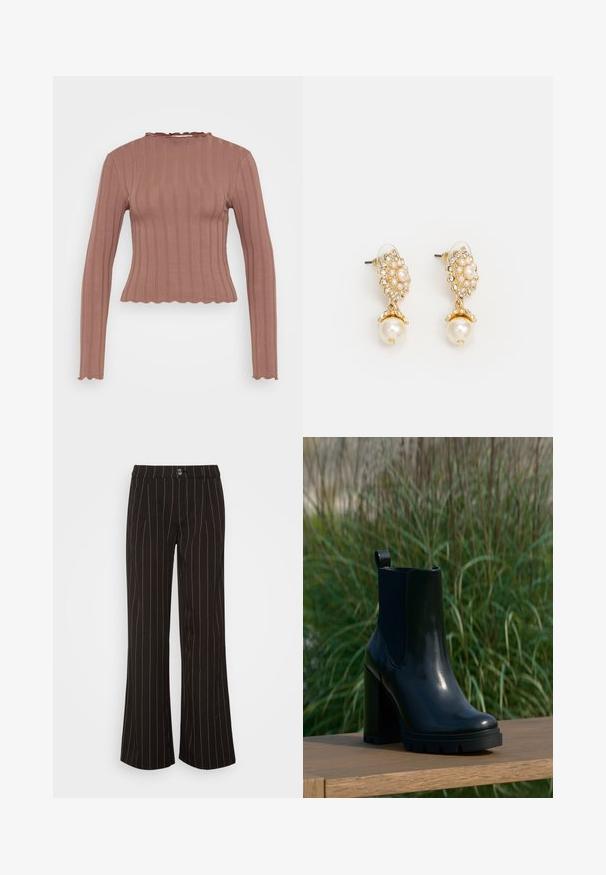 Ribbede langærmede top i støvet rosa med en bølget halsudskæring og kant. Fremstillet af blødt stof, har den lodrette linjer for tekstur.; ONLY ONLKAIA PINSTRIPE WIDE PANT - Bukser - black/white; Sort, skinnende læder ankelstøvle med kraftig høj hæl og trækketap, præsenteret på en træoverflade med en baggrund af højt grønt græs.; Guldtonede øreringe med et blomstermotiv, prydet med perleaccent og en større perledrop. Udsmykket med små, klare krystaller.