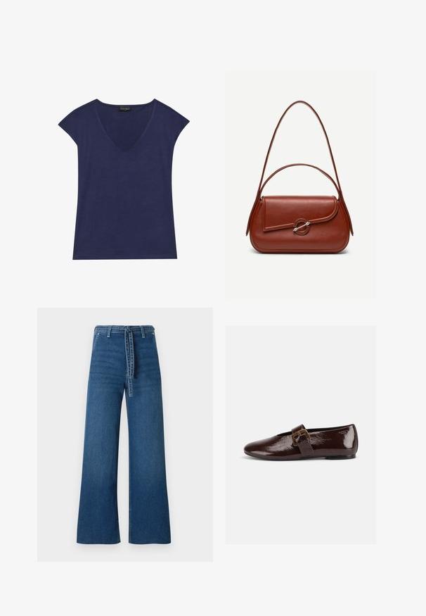 Marineblaues Kurzarmoberteil mit V-Ausschnitt. Aus weichem Stoff gefertigt, mit glatter Textur und sauberen Saumabschlüssen.; TOM TAILOR DENIM TTMIJA CULOTTE FIT - Flared Jeans - used mid stone blue denim; Dunkelbrauner Lacklederschuh mit großer goldener Schnalle und abgerundeter Spitze, seitlich vor weißem Hintergrund dargestellt.; Braune Leder-Schultertasche mit abgerundeter rechteckiger Form, asymmetrischer Klappe, silbernem runden Verschluss und zwei dünnen Riemen.
