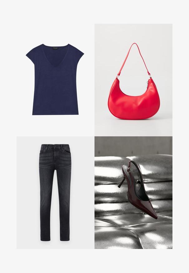 Navyblauw kortemouwen top met een V-hals ontwerp. Gemaakt van zachte stof, met een gladde textuur en een nette afwerking van de zoom.; Zwarte denim jeans met een rechte pasvorm. Voorzien van vijf zakken, een knoopsluiting en lussen voor de riem. De stof heeft een gladde textuur en een lichte stretch.; Donkerrode slingback hoge hak schoen met puntige neus, rustend op een glanzend metalen zilverkleurig gevoerd oppervlak.; Rode synthetische leren schoudertas met een gebogen vorm, slanke strap en een ritsluiting. Glad oppervlak met zichtbare stiksels.