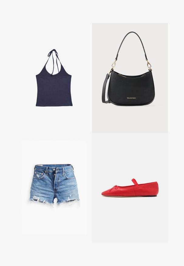 Haut dos nu côtelé bleu marine avec une lanière à nouer au cou, ourlet droit et design sans manches.; Shorts en denim bleu clair avec des bords effilochés, taille haute, fermeture à bouton et deux poches avant ; des détails usés ajoutent de la texture.; Loeffler Randall LEONIE SOFT BALLET FLAT - Babies - red; Sac à main en cuir noir avec une silhouette courbée, bandoulière amovible, quincaillerie dorée et logo de marque embossé sur le devant.