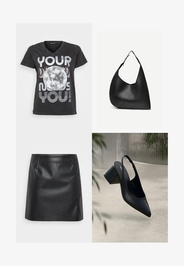 Zwarte katoenen T-shirt met V-hals, korte mouwen en een grafisch ontwerp van een discobal met tekst in metallic en gestreepte lettertypen.; Zwart leren miniskirt met een gladde textuur, voorzien van een licht uitlopende vorm, plooien aan de voorkant en een zijnaad voor extra detail.; Zwarte leren slingback hak met een spitse neus en een blokhak. Glad oppervlak, minimalistisch ontwerp en verstelbare enkelband.; Zwarte leren schoudertas met gebogen driehoekige vorm, enkele verstelbare riem en zichtbare diagonale naad aan de voorkant.