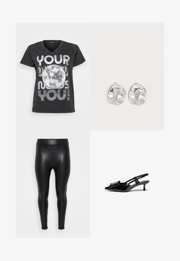 Zwarte katoenen T-shirt met V-hals, korte mouwen en een grafisch ontwerp van een discobal met tekst in metallic en gestreepte lettertypen.; Zwarte leggings van een glad, glanzend materiaal. Hoge tailleband, strakke pasvorm en geen zichtbare naden of patronen.; Zwarte gepatineerde lederen slingback hakken met een puntige neus, een strikdetail aan de voorkant en een kleine stilettohak. De bandjes hebben verstelbare gespen.; Zilveren abstracte studs met een gepolijste afwerking, met gladde rondingen en subtiele contouren. Geen zichtbare patronen of accenten.