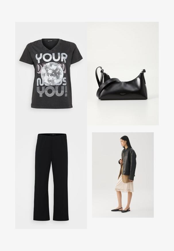 T-shirt en coton noir doté d'un col en V, de manches courtes et d'un design graphique représentant une boule à facettes avec du texte en polices métalliques et rayées.; Pantalons noirs à jambes larges en tissu doux. Dotés d'une taille élastique et d'une texture lisse. Pas de motifs ni d'accents visibles.; Veste en cuir noir portée sur un haut marron, associée à une robe légère crème à bretelles avec bordure en dentelle et des chaussures slingback noires.; Sac à main en cuir noir avec une texture lisse. Dispose d'une bandoulière adjustable et d'un design élégant et minimaliste avec une fermeture éclair.