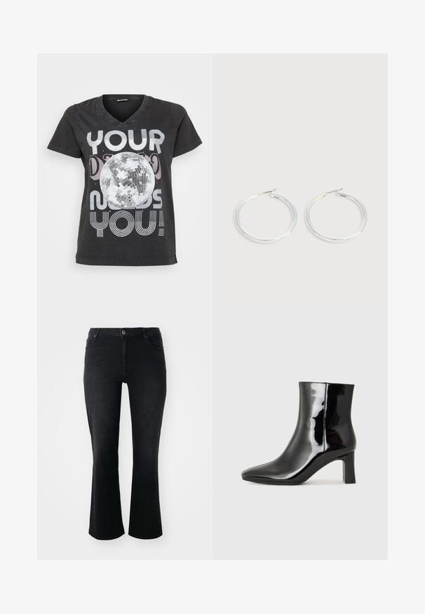 Schwarzes Baumwoll-T-Shirt mit V-Ausschnitt, kurzen Ärmeln und einem Grafikdesign eines Discokugels mit Text in metallischen und gestreiften Schriftarten.; Schwarze Denim-Jeans mit mittelhohem Bund, vorderem Knopf, zwei Vorder- und zwei Hintertaschen sowie weiter Schnitt.; Schwarzer Lackleder-Stiefelette mit spitzer Zehe und einem mittelhohen Blockabsatz. Glatte Textur und minimalistisches Design.; Paar glänzende silberne Creolen mit dünnen Drahtverschlüssen, dargestellt vor einem hellgrauen Hintergrund.