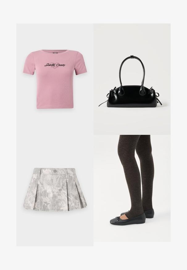 Korte roze t-shirt van ribstof, met een zwart "Santa Cruz" graphic op de borst en een klein hartdetail op de mouw.; Grijze denim rok met plooien, voorzien van een subtiel bladerenpatroon in lichtere tinten. Klassieke snit met een tailleband en sluiting met metalen knoop.; Benen met donkere geribbelde leggings gecombineerd met zwarte ballerina's met kleine strikdetails op een witte achtergrond.; Kleine zwarte glanzende handtas met twee lange hengsels en zijkant trekkoord details op een effen lichte achtergrond.