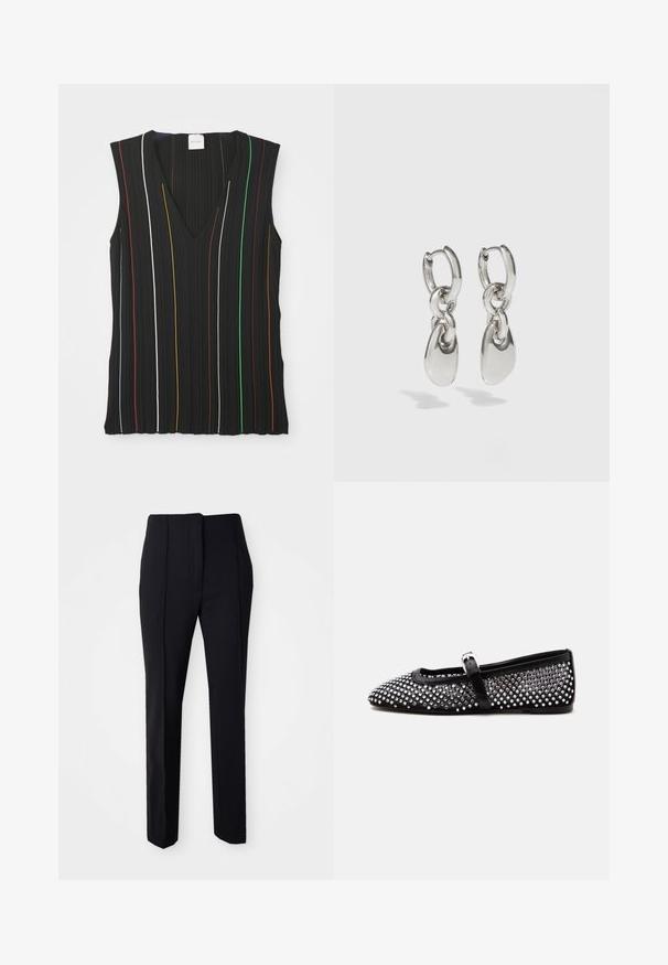 Haut sans manches noir avec un décolleté en V, présentant des rayures verticales rouges, blanches, bleues, jaunes, vertes et marron ; texture côtelée.; Pantalons noirs ajustés avec une coupe droite, fabriqués dans un tissu lisse, dotés d'un devant plat et de poches sur les côtés pour plus de fonctionnalité.; Chaussure plate Mary Jane noire avec des clous ronds argentés couvrant la tige et une fine bride avec une petite boucle argentée.; Boucles d'oreilles en argent avec des maillons ovales allongés, présentant une finition polie et un pendentif tombant texturé. Design simple avec des bords lisses.