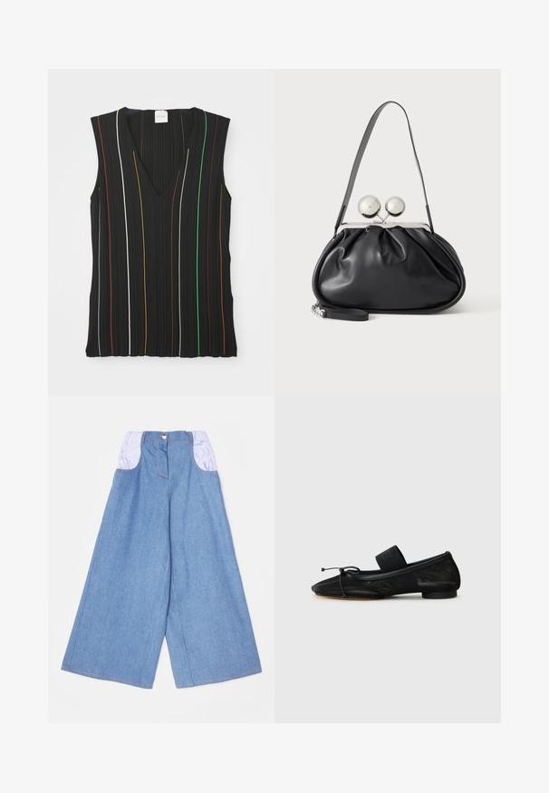 Haut sans manches noir avec un décolleté en V, présentant des rayures verticales rouges, blanches, bleues, jaunes, vertes et marron ; texture côtelée.; Pantalons en denim à jambes larges bleu clair avec des poches élastiques violet clair contrastées. Présente une fermeture à bouton sur le devant et des coutures visibles.; Chaussure plate noire avec un bout pointu, fabriquée en tissu texturé, avec un accent à nœud et un petit talon rond. Sangle élastique au niveau de la cheville.; Sac à main en cuir noir avec un design plissé, une sangle unique, un cadre métallique argenté et deux grandes fermoirs ronds en argent.
