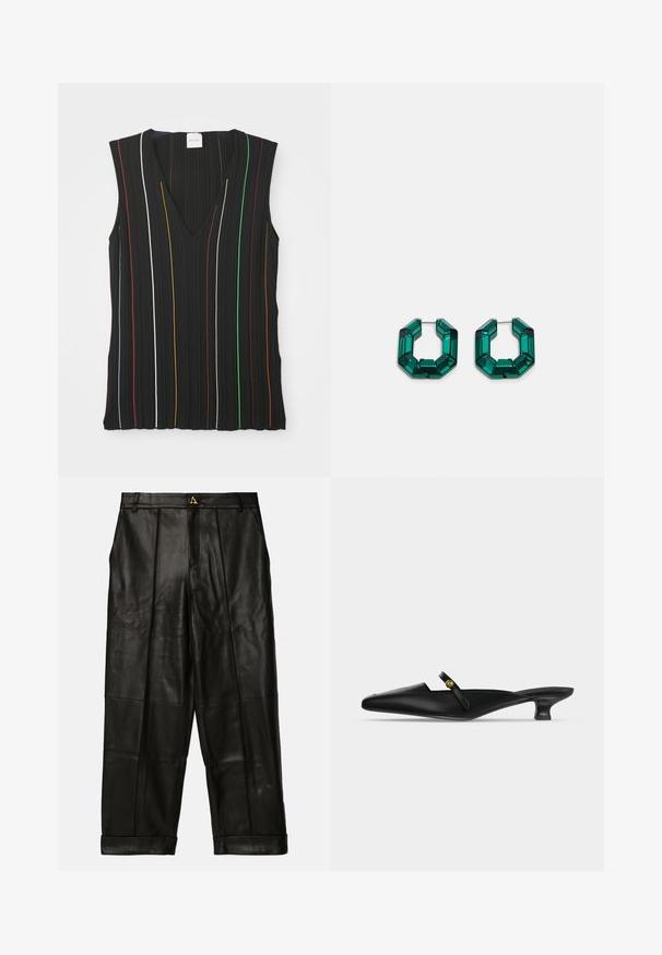 Schwarzes ärmelloses Top mit V-Ausschnitt, verziert mit vertikalen Streifen in Rot, Weiß, Blau, Gelb, Grün und Braun; gerippte Textur.; AERON ZIMA PANTS - Lederhose - black; Schwarze spitze Mule mit niedrigem Kittenheel und schmalem Riemen über dem Rist mit kleinem goldfarbenem Knopfdetail.; Grüne, akrylierte Creolen in oktagonaler Form mit facettierten Kanten, ausgestattet mit einem metallischen Verschluss zur Sicherung.