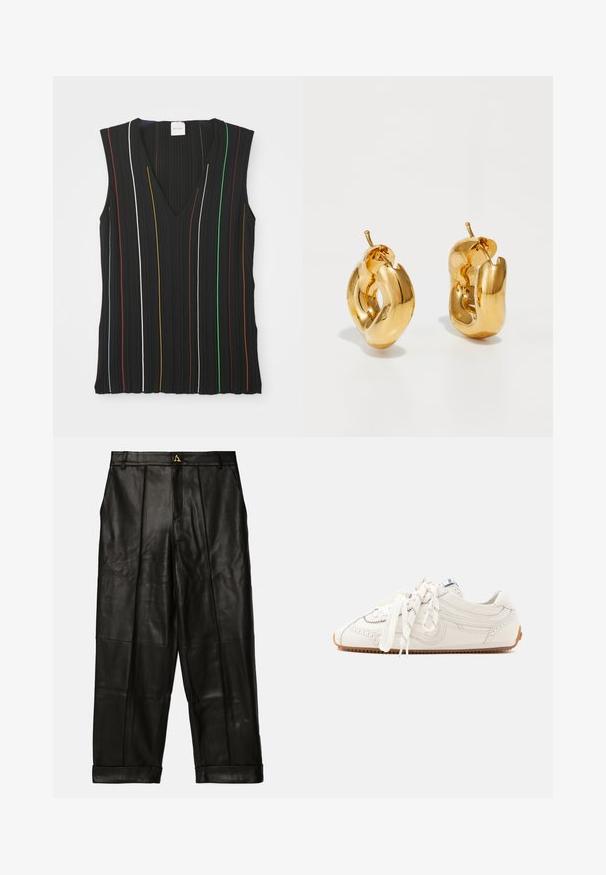 Sort ærmeløs top med V-hals, med lodrette striber i rød, hvid, blå, gul, grøn og brun; ribbet struktur.; AERON ZIMA PANTS - Skindbukser - black; Hvid lædersneaker med brun sål og bundne snørebånd, sidevisning på ensartet lyst baggrund.; Chunky guld hoop øreringe med et let snoet, rørformet design og postsystem bagpå, på en hvid baggrund.