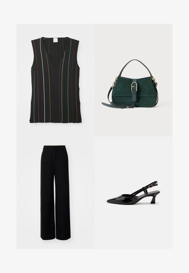 Haut sans manches noir avec un décolleté en V, présentant des rayures verticales rouges, blanches, bleues, jaunes, vertes et marron ; texture côtelée.; Pantalons larges noirs à taille haute, en tissu lisse, avec fermeture à bouton à l'avant et sans poches visibles, offrant une coupe tailleur.; Chaussure slingback en cuir verni noir à petit talon, bout pointu et bride réglable avec boucle dorée sur fond blanc.; Sac à main en daim vert foncé avec une poignée supérieure, un détail de boucle dorée et une bandoulière ajustable sur un fond clair.