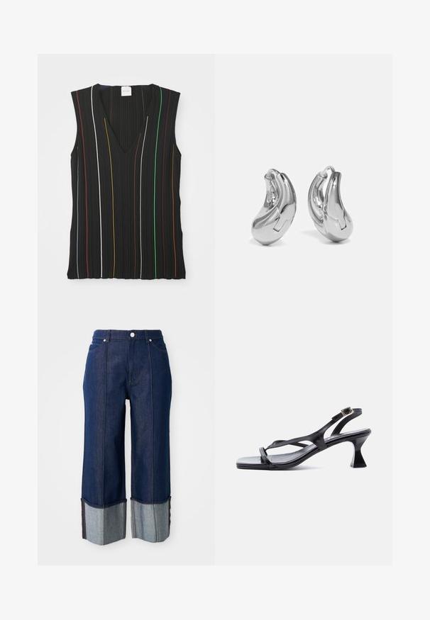 Zwart mouwloos top met een V-hals, gekenmerkt door verticale strepen in rood, wit, blauw, geel, groen en bruin; geribde textuur.; Donkerblauwe wijde jeans met opgerolde pijpen die lichter denim tonen, met een knoop aan de voorkant en zakken, op een witte achtergrond.; Zwarte lederen damessandaal met dunne riempjes, vierkante neus, verstelbare enkelgesp en uitgewerkte hak van gemiddelde hoogte.; Zilveren oorringen met een gebogen, glanzende afwerking en een naadloos ontwerp. Voorzien van een scharnier slot voor veilige draagbaarheid.