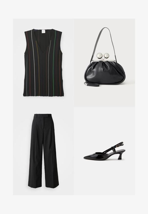 Haut sans manches noir avec un décolleté en V, présentant des rayures verticales rouges, blanches, bleues, jaunes, vertes et marron ; texture côtelée.; Pantalons noirs à jambe large en tissu lisse avec une taille haute, dotés de deux plis frontaux et d'une coupe ajustée.; Chaussure slingback en cuir verni noir à petit talon, bout pointu et bride réglable avec boucle dorée sur fond blanc.; Sac à main en cuir noir avec un design plissé, une sangle unique, un cadre métallique argenté et deux grandes fermoirs ronds en argent.