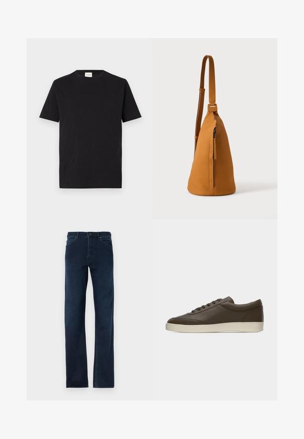 Schwarzes Baumwoll-T-Shirt mit Rundhalsausschnitt und kurzen Ärmeln. Hat einen geraden Schnitt und ein minimalistisches Design, mit einem sichtbaren Etikett am Kragen.; Dunkelblaue Jeans aus Denim mit geradem Schnitt, fünf Taschen, einem Knopfverschluss und kontrastierenden Nähten entlang der Säume.; Dunkelbrauner Sneaker aus Leder mit niedrigem Schaft, Schnürung an der Vorderseite und kremfarbenem Gummisohlenrand, von der Außenseite auf weißem Hintergrund gezeigt.; Hellbraune Leder-Umhängetasche mit verstellbarem Trageriemen und vertikaler Reißverschlusstasche, von der Seite vor hellem, einfarbigem Hintergrund gezeigt.