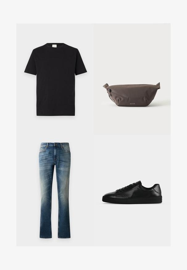 Schwarzes Baumwoll-T-Shirt mit Rundhalsausschnitt und kurzen Ärmeln. Hat einen geraden Schnitt und ein minimalistisches Design, mit einem sichtbaren Etikett am Kragen.; Blaue Jeans aus Denim mit geradem Bein, mit einer ausgewaschenen Optik, fünf Taschen und einem braunen Knopf am Bund.; Niedrig geschnittener schwarzer Ledersneaker mit Schnürung vorne und strukturierter flacher Sohle, seitlich auf neutralem Hintergrund gezeigt.; Dunkelbraune Stoff-Gürteltasche mit diagonalem Reißverschlussfach und kleinem weißen Logo vorne, vor einem einfarbigen hellen Hintergrund.