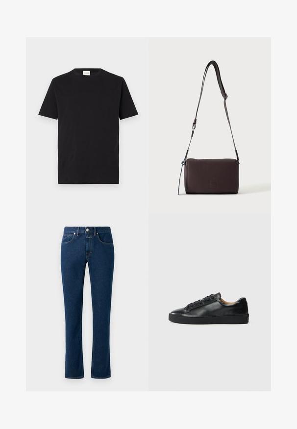 Zwarte katoenen t-shirt met een ronde halslijn en korte mouwen. Heeft een rechte pasvorm en een minimaal ontwerp, met een label zichtbaar bij de kraag.; Donkerblauwe denim jeans met een slim recht model, klassieke vijf-pocket stijl en een knoopsluiting bij de taille.; Zwarte leren sneaker met een gladde textuur, ronde neus en vetersluiting. Heeft een dikke rubberen zool en minimale merkaanpassing.; Donkerbruine gestructureerde leren crossbodytas met verstelbare riem en klein decoratief blauw accent aan de zijkant.