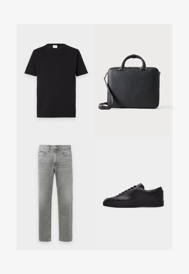 Sort bomulds T-shirt med rund hals og korte ærmer. Har et lige snit og et minimalistisk design, med et mærke synligt ved kraven.; Grå denim jeans med lige ben, der har et klassisk fem-lomme-design og subtilt slid for tekstur. Standard lynlåslukning.; Sort lavtstående lædersneaker med snørebånd foran og flad gummisål, vist fra siden på en ensartet hvid baggrund.; Sort tekstureret lædermappe med dobbelte håndtag, aftagelig skulderrem og top lynlåslukning på en ensartet lys baggrund.