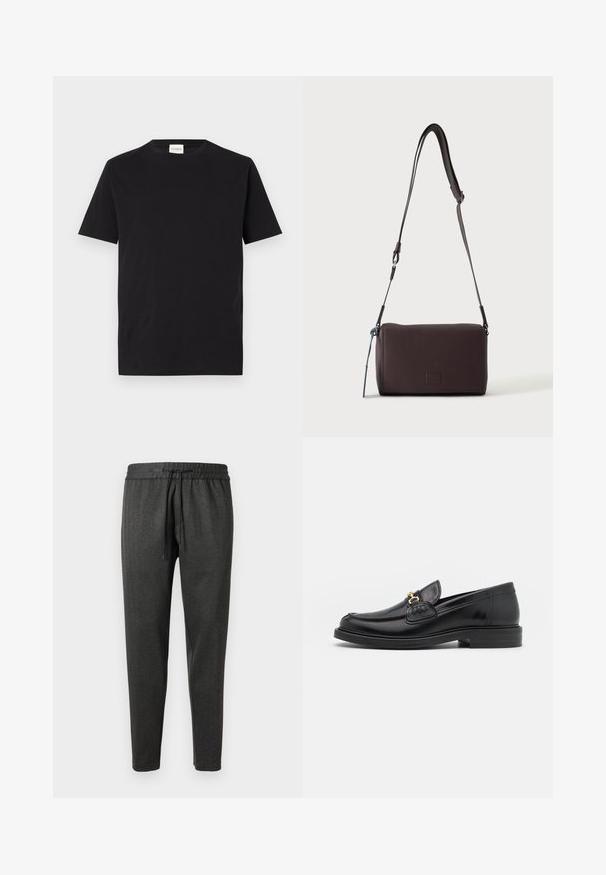 T-shirt en coton noir avec un col rond et des manches courtes. Présente une coupe droite et un design minimal, avec une étiquette visible au niveau du col.; Pantalons de jogging gris foncé en tissu texturé, dotés d'une taille élastique et d'un cordon de serrage. Conception des jambes fuselées sans poches.; Mocassins en cuir noir avec un embout rond, présentant des accents en métal doré et des détails de couture, montés sur une semelle en caoutchouc texturé et basse.; Sac bandoulière en cuir marron foncé texturé avec une sangle réglable et un petit accent décoratif bleu sur le côté.