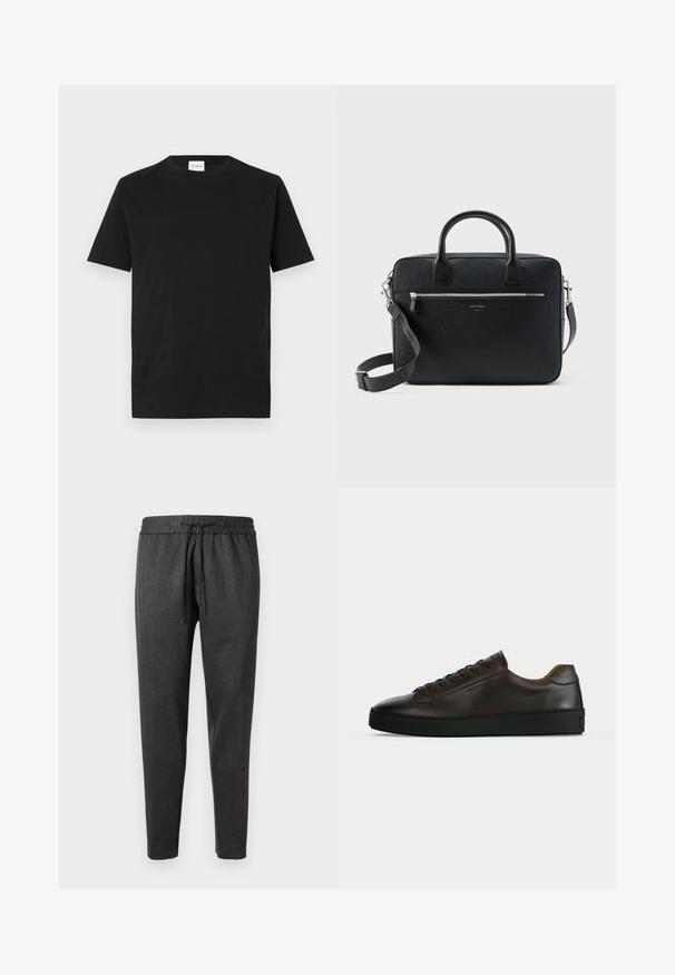 T-shirt en coton noir avec un col rond et des manches courtes. Présente une coupe droite et un design minimal, avec une étiquette visible au niveau du col.; Pantalons de jogging gris foncé en tissu texturé, dotés d'une taille élastique et d'un cordon de serrage. Conception des jambes fuselées sans poches.; Baskets basses en cuir marron foncé avec semelle en caoutchouc noire, lacets à l'avant et design minimaliste épuré sur fond clair.; Serviette rectangulaire en cuir noir texturé avec double poignée, poche avant zippée et bandoulière réglable présentée sur fond blanc.