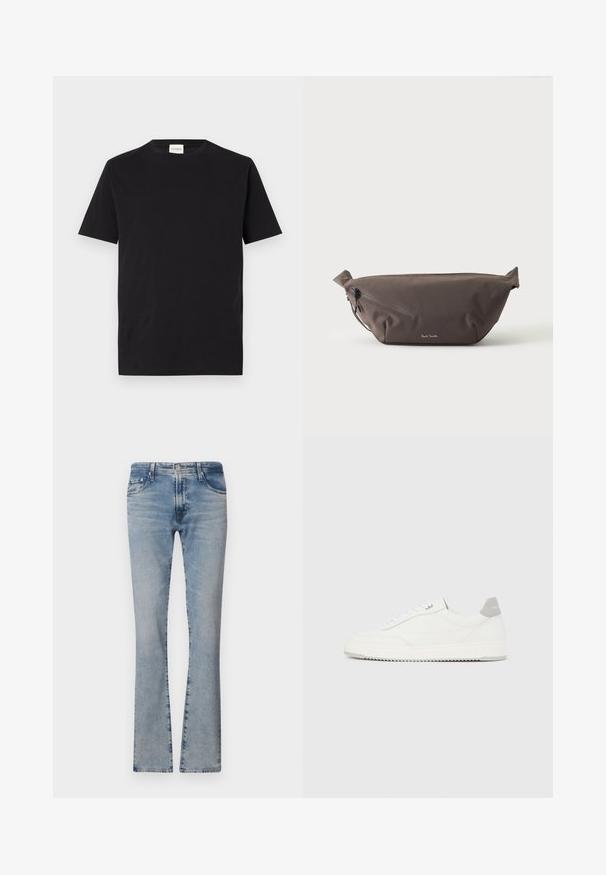 Camiseta de algodón negra con cuello redondo y mangas cortas. Presenta un corte recto y un diseño minimalista, con una etiqueta visible en el cuello.; Jeans de mezclilla azul claro de pata de elefante con una cintura de altura media, cinco bolsillos y un acabado desgastado, que cuentan con una cremallera y cierre de botón de metal.; Zapatilla blanca de corte bajo con pestaña en el talón gris, cordones blancos y suela texturizada, presentada sobre un fondo claro y liso.; Riñonera de tela marrón oscuro con bolsillo diagonal con cremallera y pequeño logo blanco en el frontal, sobre un fondo liso y claro.