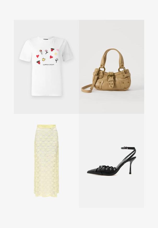 Camiseta blanca de algodón con bordado colorido de fresas, corazones, flores, un cucurucho de helado y un sol. El texto debajo dice "SUEÑO DE VERANO."; Falda maxi amarilla de encaje con un patrón ondulado, que cuenta con una cinturilla lisa y una textura suave y translúcida. Diseñada para una silueta ligera y fluida.; Zapato de tacón alto negro con punta fina, bordes ondulados, ojales metálicos, cordones delanteros y una correa en el tobillo con cierre de hebilla.; Bolso de cuero beige con doble asa, hebilla y remaches de latón, y una correa de hombro ajustable sobre un fondo blanco.