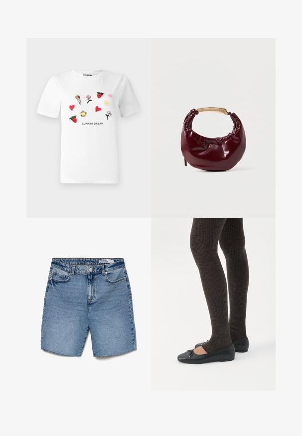 Camiseta blanca de algodón con bordado colorido de fresas, corazones, flores, un cucurucho de helado y un sol. El texto debajo dice "SUEÑO DE VERANO."; Bermudas de mezclilla de color azul claro con cintura alta, cinco bolsillos y corte recto. Presenta un cierre de botón y un ligero deshilachado en el dobladillo.; Piernas con leggings oscuros acanalados combinados con bailarinas negras que presentan pequeños detalles de lazo sobre un fondo blanco.; Bolso de mano de piel sintética burdeos con forma redondeada, detalles fruncidos y un asa de metal dorado. Textura suave y acabado brillante.