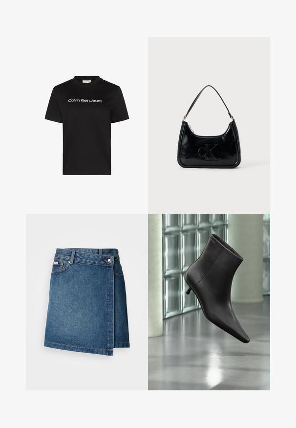 Sort bomuld T-shirt med rund hals og korte ærmer, med teksten "Calvin Klein Jeans" i hvid over brystet.; Denim nederdel i mellemblå med wrap-design, der har en knap- og lynlåslukning, samt synlig stikning langs kanten.; Sort læderankelstøvle med spids tå og lille hæl vist mod en væg af glasblokke og poleret gulv baggrund.; Sort patentlæder håndtaske med et buet topgreb, lynlåsslukning og prægede "cK" logo på fronten. Glat tekstur, struktureret form.