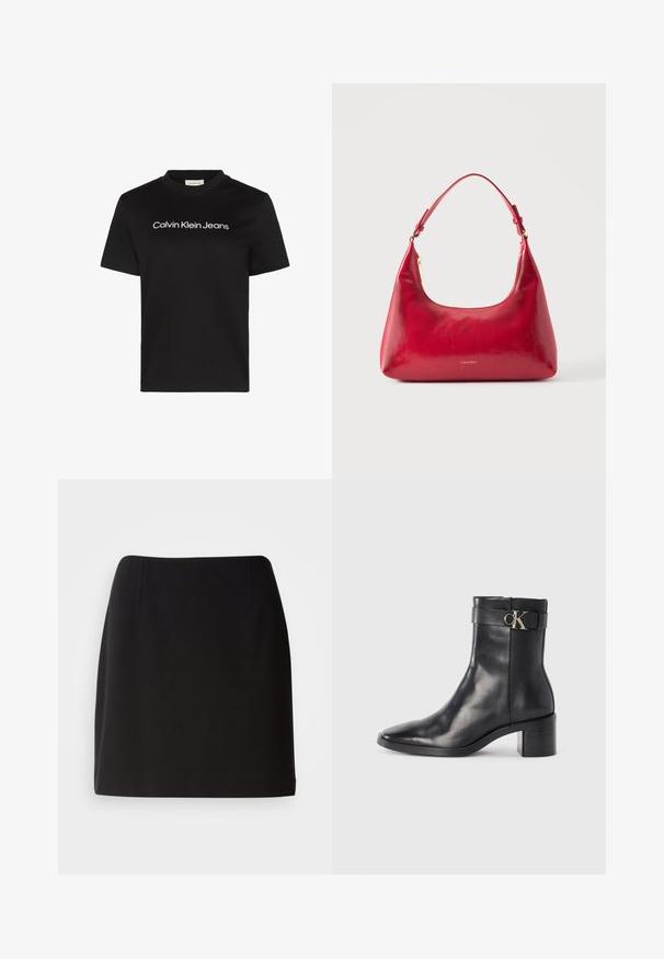 Čierne bavlnené tričko s okrúhlym výstrihom a krátkymi rukávmi, s nápisom "Calvin Klein Jeans" v bielej farbe na hrudi.; Čierna sukňa s priliehavým strihom, vyrobená zo hladkej tkaniny. Má jemné predné záhyby a strih do polovice stehien.; Čierne kožené členkové čižmy s špicatou špičkou, blokovým podpätkom a pásikom s kovovým logom. Hladká textúra a minimalistický dizajn.; Červená kožená kabelka na rameno so zlatým zipsom a nastaviteľným remienkom, logo Calvin Klein v strede vpredu.