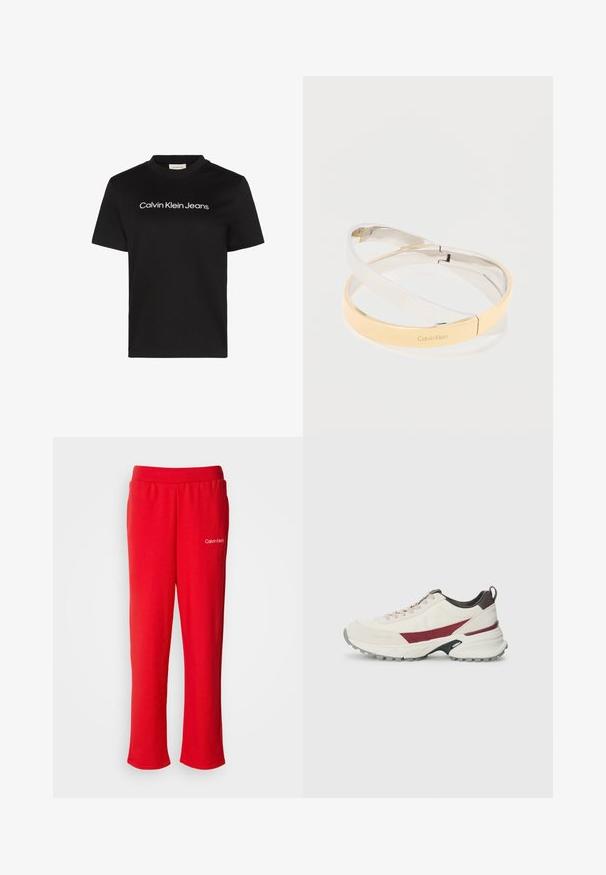 Camiseta de algodón negra con cuello redondo y mangas cortas, con el texto "Calvin Klein Jeans" en blanco en el pecho.; Pantalones de chándal rojos de algodón con cintura elástica y corte relajado. Presenta un pequeño logo blanco de "Calvin Klein" en la parte inferior izquierda.; Zapatilla en blanco roto con acentos burdeos, material superior texturizado, suela de goma resistente, punta redonda y sistema de cordones.; Pulseras metálicas pulidas entrelazadas en tonos plateados y dorados, una grabada con el logo "Calvin Klein", sobre un fondo blanco.