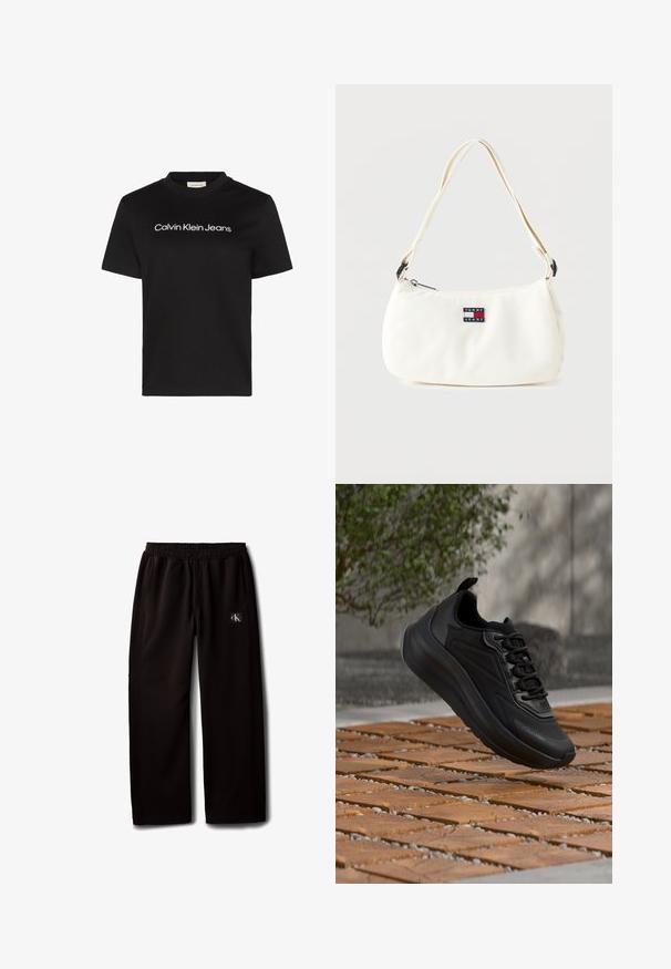 Sort bomuld T-shirt med rund hals og korte ærmer, med teksten "Calvin Klein Jeans" i hvid over brystet.; Sorte vidde bukser med elastisk taljebånd og sidelommer, med en lille Calvin Klein-logo patch på højre lår.; Sort atletiksko med tyk sål og snørebånd, svævende over trægulvflise, sløret udendørs baggrund med grønt løv og væg.; Hvid skuldertaske med justerbar rem og Tommy Jeans logo patch foran, mod en ensfarvet baggrund.