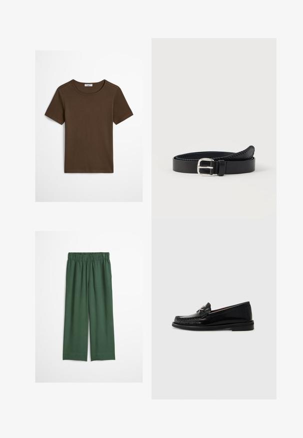 Schlichtes olivgrünes T-Shirt mit kurzen Ärmeln, Rundhalsausschnitt und geripptem Kragen sowie sichtbarem Marc O’Polo Denim Etikett im Nackenbereich.; Grüne Weitbein-Hose mit elastischem Bund, glattem Stoff und ohne sichtbare Taschen oder Verzierungen, dargestellt von vorne.; Schwarze Lederloafers mit einem Mokassin-Design, das mit einer genähten Zehenpartie und einem kleinen metallischen Akzent an der Seite versehen ist. Flache Gummisohle.; Schwarzer Ledergürtel mit einer silbernen Metallschnalle, ausgestattet mit einer glatten Oberfläche und abgesteppten Details am Rand. Klassisches Design.