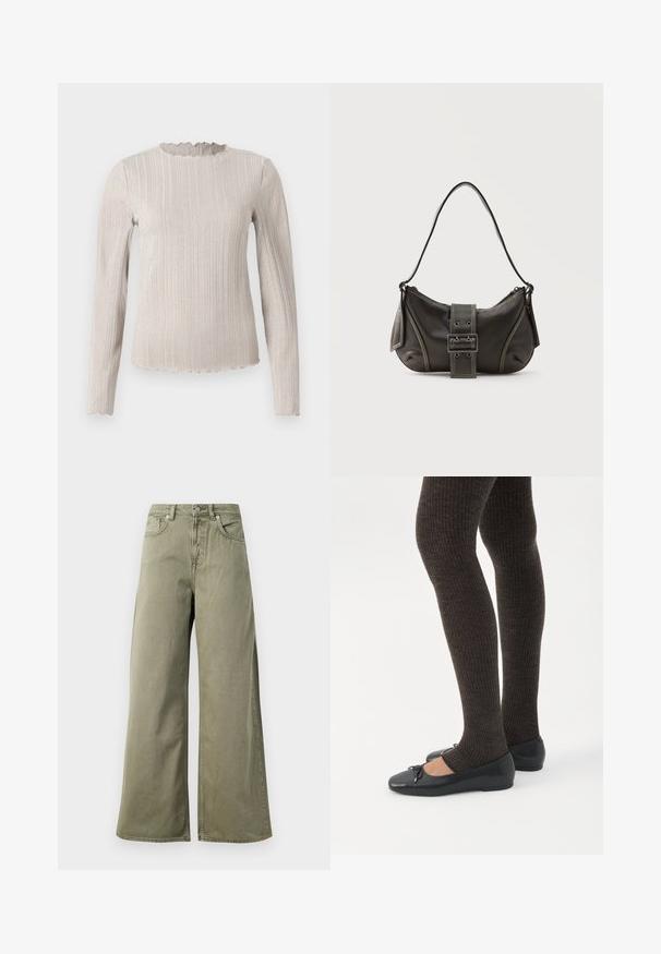Langærmet top i lys beige med ribbet tekstur. Har en scalloped halsudskæring og en subtil glimmer gennem stoffet.; Højtaljede, olivengrønne vide jeans med frontknap, lynlås og fem lomme-design på en hvid baggrund.; Ben iført mørke ribbede leggings kombineret med sorte balletsko med små sløjfedetaljer på hvid baggrund.; Sort læder skuldertaske med spænde på remmen, afrundede kanter og kontrasterende hvide syninger på en ensfarvet baggrund.