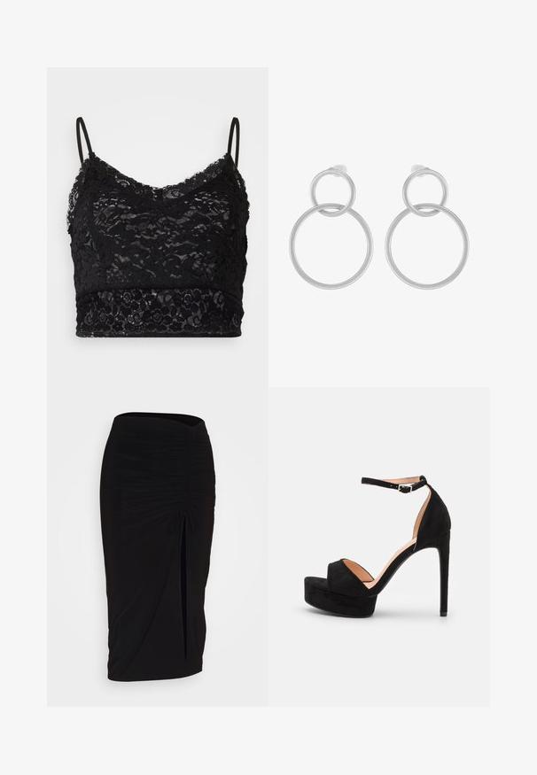 Bralette en dentelle noire avec des bretelles spaghetti réglables, un motif de dentelle florale et une bande noire unie en bas.; Jupe crayon noire froncée avec détail à nouer et fente latérale. Fabriquée à partir d'un tissu extensible, elle présente une texture lisse et une coupe ajustée.; Sandale à talons hauts en daim noir avec une semelle compensée, bride de cheville avec quincaillerie en argent, design à bout ouvert et texture lisse.; Boucles d'oreilles en métal argenté présentant deux cercles entrelacés, un plus grand et un plus petit, avec une finition brossée et des fermoirs à poussoir.